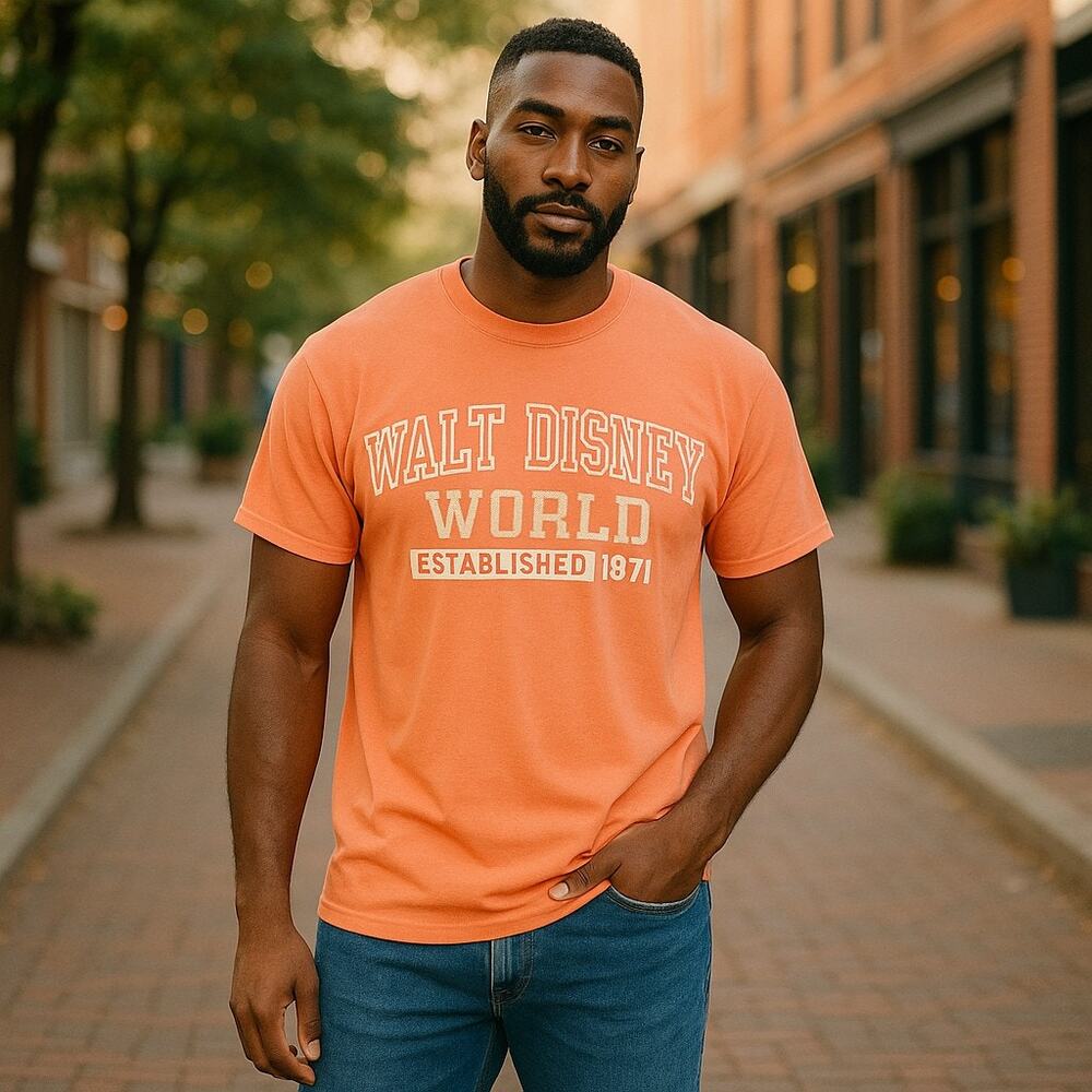 Walt Disney‎ World Mens Shirt Size Medium Est 1977 Orange Distressed NEW